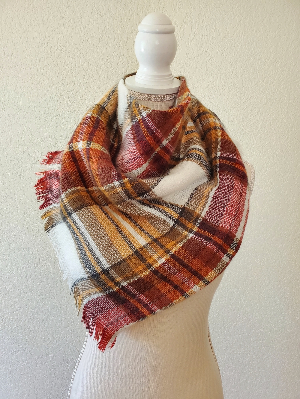 Cozy Plaid Blanket Scarf in Rust, Mustard & Cream